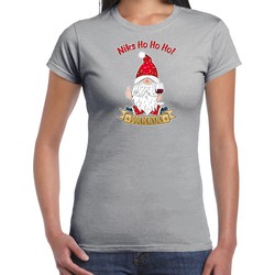 Bellatio Decorations fout kersttrui t-shirt dames - Wijn kabouter/gnoom - grijs - Doordrinken M - kerst t-shirts