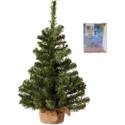 Volle kerstboom in jute zak 60 cm inclusief gekleurde kerstverlichting - Kunstkerstboom