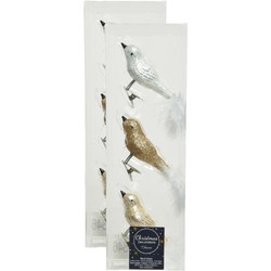 6x stuks glazen decoratie vogels op clip champagne/wit/bruin 8 cm - Kersthangers