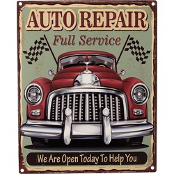 Clayre & Eef Tekstbord  20x25 cm Groen Rood Ijzer Auto Auto repair We are open today to help you Wandbord