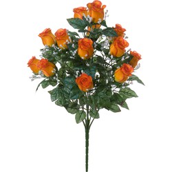 Louis Maes Kunstbloemen boeket rozen/gipskruid - oranje - H56 cm - Bloemstuk - Bladgroen - Kunstbloemen