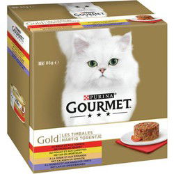 Gold hartig torentje met rund en tomaat, met kip en wortelen, met kalkoen en spinazie, met lam en sperziebonen 8x85g kattenvoer