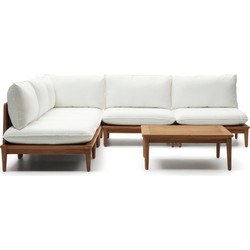 Kave Home - Portitxol set van 1 hoekfauteuil, 4 modulaire fauteuils en salontafel in massief teakhout