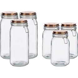 Set van 6x stuks luxe keuken voorraadpotten met klepdeksel koper 1500 ml en 2100 ml - Voorraadpot