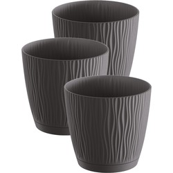 3x stuks stijlvolle kunststof plantenpot/bloempot dia 13 cm/hoogte 12 cm Waves antraciet grijs - Plantenpotten