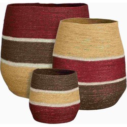 Mica Decorations Mand Stripes - 37x37x43 cm - Zeegras - Bruin,Rood,Geel - Set van 3