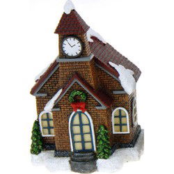 Verlicht kersthuisjes/kerstkerkje - bruin - Polystone - 14 cm - Kerstdorpen