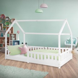 Kinderbed met uitvalbeveiliging lattenbodem en dak 200x90 cm wit grenen hout ML-Design