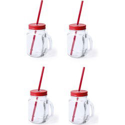 Mason Jar drinkbekers - 4x stuks - glas - dop rood met rietje - 500 ml - Drinkbekers