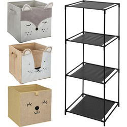 5Five Kastmandjes/opberg mandjes - 3x stuks van 29L - Dieren gezicht prints - In rekje 68 x 68 cm - Opbergmanden