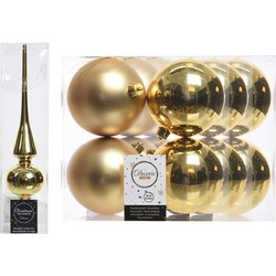 Gouden kerstversiering/kerstdecoratie set piek en 12x kerstballen 10 cm glans/mat - Kerstbal