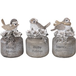 Clayre & Eef Beeld Vogel  7x6x10 cm Grijs Polyresin Merry Christmas Kerstdecoratie