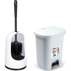 WC-/toiletborstel en houder - wit - met kleine pedaalemmer 8 liter - Badkameraccessoireset