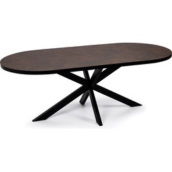 Stalux Plat ovale eettafel 'Noud' 210 x 100, kleur zwart / lederlook bruin