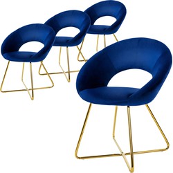 Eetkamerstoel set van 4 met ronde rugleuning blauw fluweel met gouden metalen poten ML design