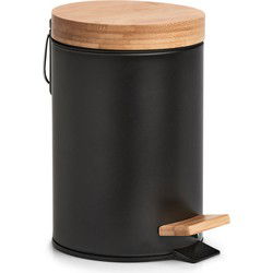 Zeller Pedaalemmer - 3L - zwart - metaal en bamboe - 24 cm - Pedaalemmers