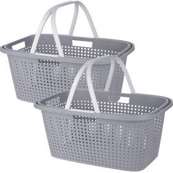 Wasmand met hengsel - 2x - 38 liter - 60 cm - grijs/wit - Draagwasmand - Wasmanden