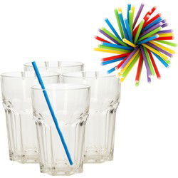 Set van 4x longdrink glazen en 100x duurzame papieren rietjes - 360 ml - Drinkglazen
