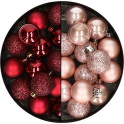 28x stuks kleine kunststof kerstballen zachtroze en bordeaux rood 3 cm - Kerstbal