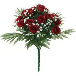 Louis Maes Kunstbloemen boeket rozen/gipskruid - rood - H36 cm - Bloemstuk - Bladgroen - Kunstbloemen