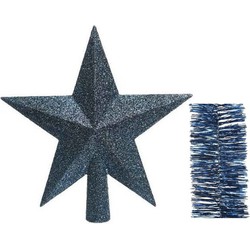 Kerstversiering kunststof glitter ster piek 19 cm en folieslingers pakket donkerblauw van 3x stuks - kerstboompieken
