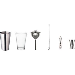 Decopatent® PRO Cocktail Shaker Set 6-delig - Rvs Barset met Glas en Shaker - Maatbeker - Stamper Zeef - Mixer - Flessenopener - Cocktailshaker