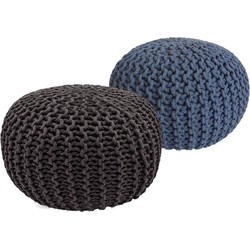 SVJ Poefs Rond - 55 x 55 x 37 cm - Katoen - Grijs/Blauw - Set van 2