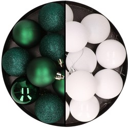 24x stuks kunststof kerstballen mix van donkergroen en wit 6 cm - Kerstbal