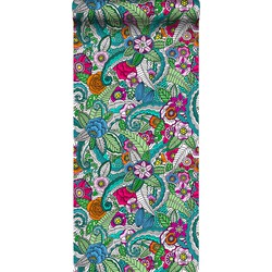 ESTAhome XXL behang bloemen mandala's roze, groen, oranje, paars en blauw - 50 x 900 cm - 158608