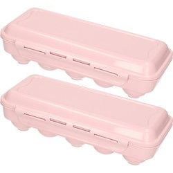 Eierdoos - 2x - koelkast organizer eierhouder - 10 eieren - licht roze - kunststof - 27 x 12,5 cm - Vershoudbakjes