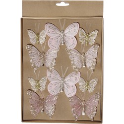 10x stuks decoratie vlinders op clip lichtroze diverse maten - Kersthangers