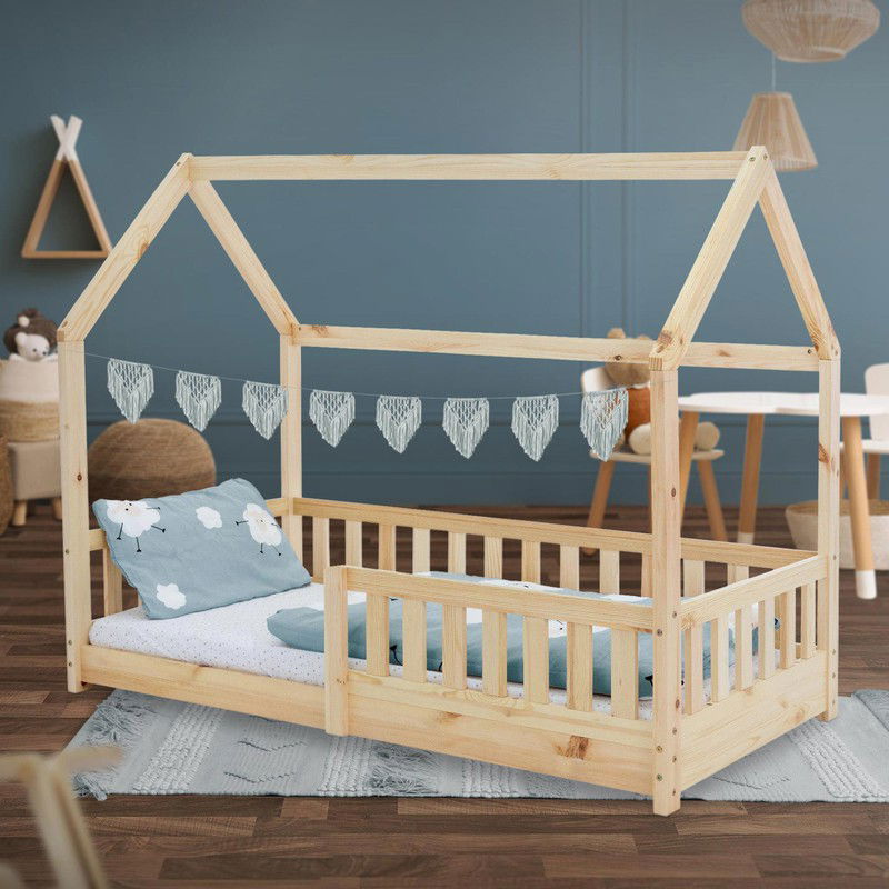 Kinderbed Huisbed 80x160 cm van dennenhout met uitvalbeschermend dak en lattenbodem Houten bed ML design - 