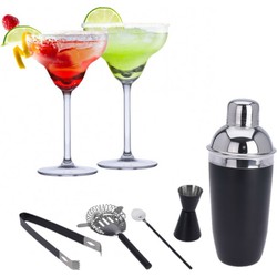 Set van 4x Margarita cocktailglazen met zwarte 5-delige cocktailshaker set RVS - Cocktailglazen