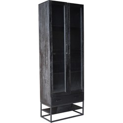 Vitrinekast Zwart - Mangohout - 80x40x220cm - Kast Myron