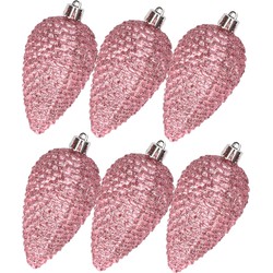 Kerstornamenten kunststof dennenappels 6x stuks roze glitter 8 cm - Kersthangers