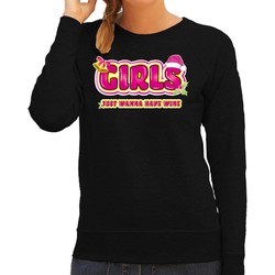 Bellatio Decorations foute kersttrui/sweater voor dames - girls just wanna have wine - zwart/roze S - kerst truien