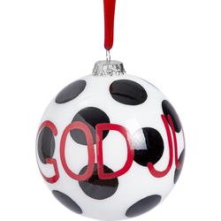 Decoratieve kerstbal van wit en rood glas, met patroon en tekst D8