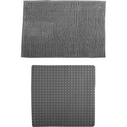 MSV Douche anti-slip mat en droogloop mat - Sevilla badkamer set - rubber/microvezel - donkergrijs - Badmatjes