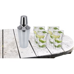 Cocktailshaker met 4x Cocktailglazen Mojito transparant 410 ml - Cocktailglazen