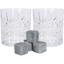 Luxe whiskyglazen set 4x stuks 230 ml met 6x whisky ijsblokstenen - Whiskeyglazen