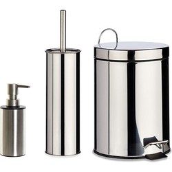 Toiletborstel houder zilver 38 cm met zeeppompje 300 ml en pedaalemmer metaal - Badkameraccessoireset