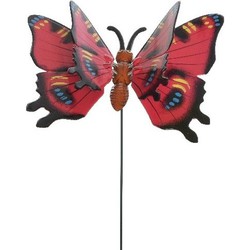 Rode metalen tuindecoratie vlinder op stok 17 x 60 cm - Tuinbeelden