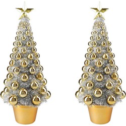 2x stuks complete mini kunst kerstboompje/kunstboompje zilver/goud met kerstballen 50 cm - Kunstkerstboom