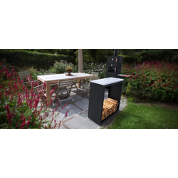 Beltza Butcher Block Houtopslag zwart L100 x B38,5 x H100 cm wit natuursteen blad