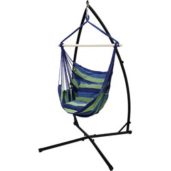Hangstoel van katoen/hard hout, blauw/groen, belastbaar tot 120 kg met metalen frame 210 cm incl. twee kussens