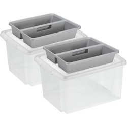 Sunware 2x opslagboxen kunststof 32 liter transparant 45 x 36 x 24 cm met deksel en organiser tray - Opbergbox