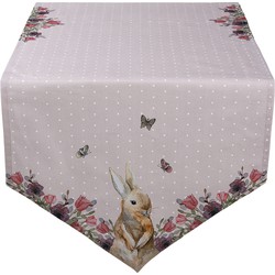 Clayre & Eef Tafelloper  50x160 cm Beige Roze Katoen Konijn Bloemen Tafelkleed