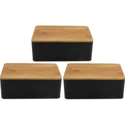 Opbergblik - 3x - zwart - bamboe deksel - 1,7L - 19x13 cm - bewaarblik - Voorraadblikken