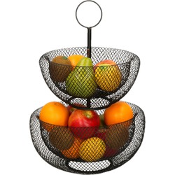 Dubbele etagere fruitschaal/fruitmand rond zwart metaal 29 x 47 cm - Fruitschalen