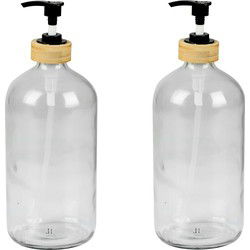 Urban Living Zeeppompje/zeepdispenser - 2x - glas/bamboe - transparant - 1 liter - 24 cm - Zeeppompjes